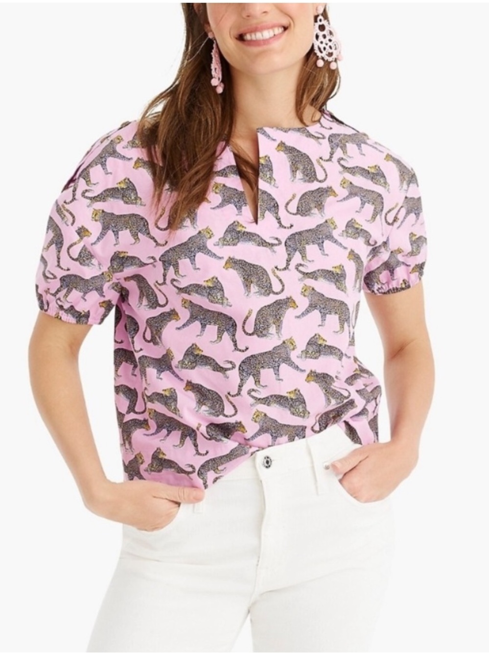 J Crew Ratti Cheetah Puff Sleeve Open V Neck Top Size Small Artsy Novelty Print
